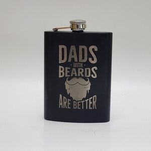 NWOT Flask, stainless steel, black, 8 oz., laser engraved with DAD BEARD saying